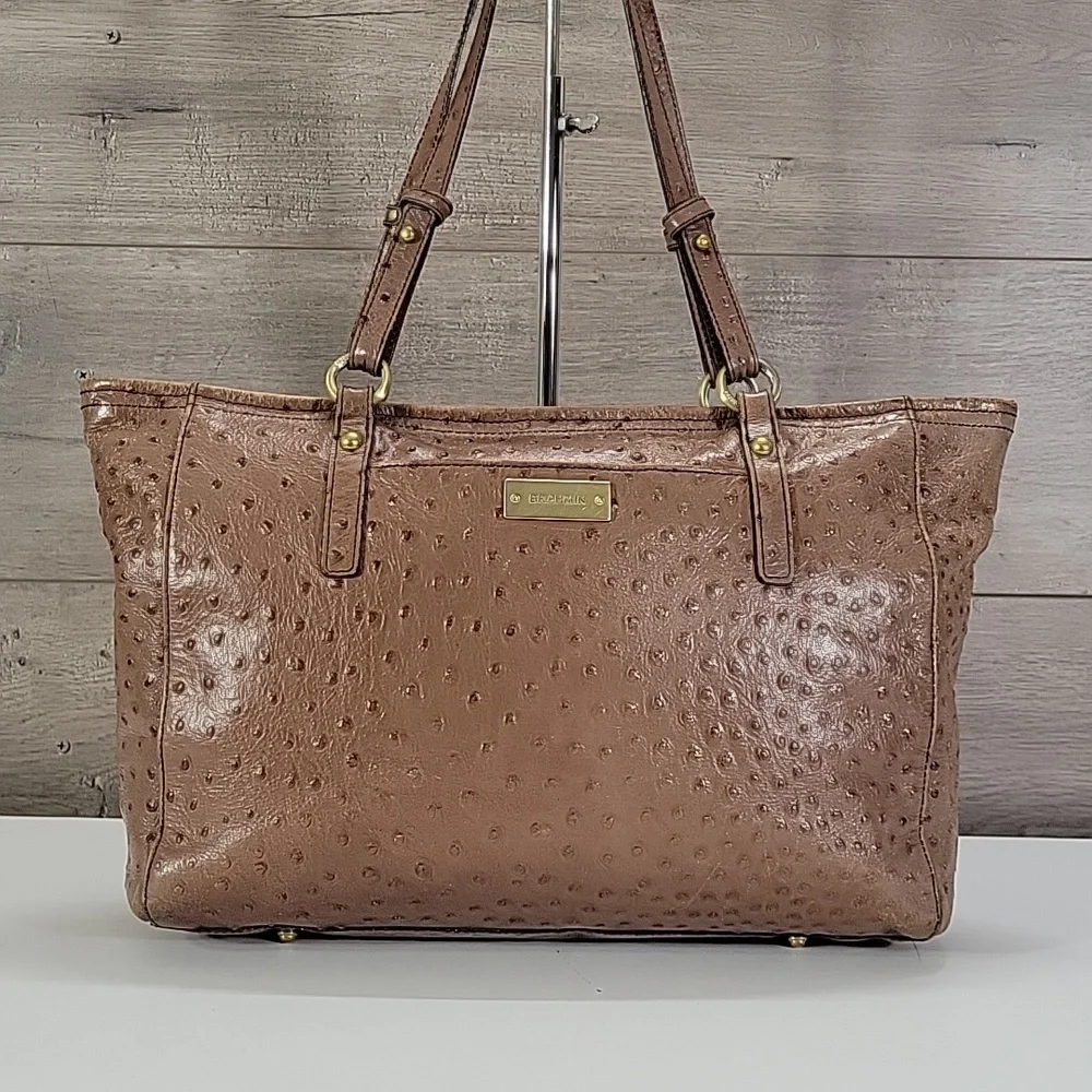 Brahmin Brown Ostrich Embossed Leather Tote Bag with Gold Accents